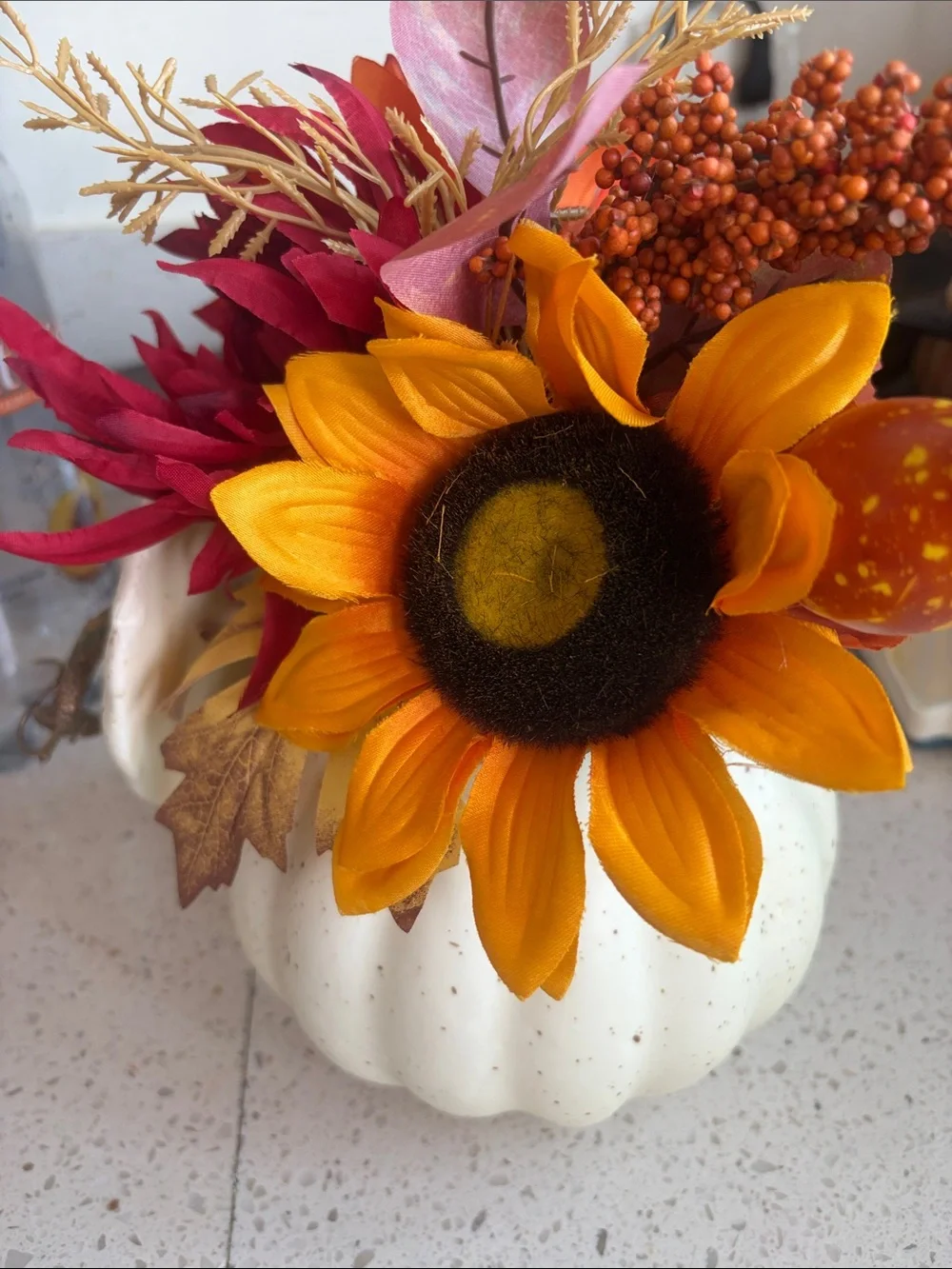 Autumn Harvest White Pumpkin Floral Arrangement with Sunflower New